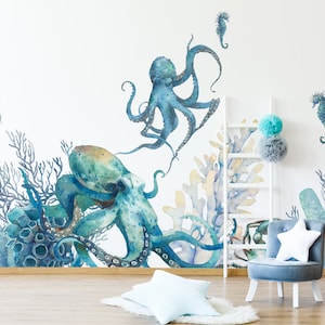 Kids wall mural, watercolor under sea life, peel and stick wall mural, kids removable wallpaper, wall decor for baby room