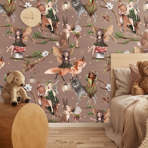 Forest animals and fairies wallpaper, peel and stick kids nursery wallpaper, watercolor wallpaper, removable wallpaper, baby room wall decor