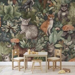 Carta da parati con animali della foresta, carta da parati con motivi naturali, stampa da parete per la cameretta dei bambini, carta da parati per bambini, carta da parati stacca e incolla o carta da parati tradizionale
