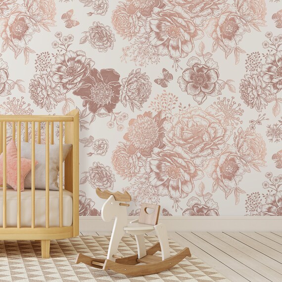 Floral vintage wallpaper, nursery peel and stick wall mural, kids floral removable wallpaper, floral wall decor for baby room
