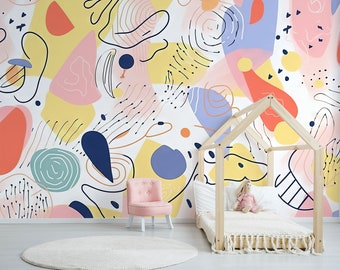Kids wallpaper,  abstract shapes wall mural, colorful mural, nursery wall print, kids wall mural, peel and stick or traditional wallpaper