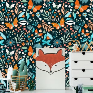 Forest flower and butterfly wallpaper, peel and stick, self adhesive, nursery wallpaper, kids room wall mural, baby room wall decor