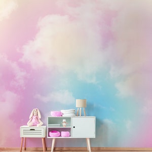 Pastel Clouds Kids Room Wall Mural, Pink Sky Peel and Stick Removable ...