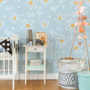 Carta da parati floreale blu, murale con fiori di margherita, stampa per vivai, decorazioni per la casa, stacca e incolla o carta da parati tradizionale
