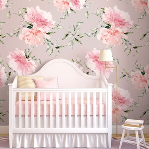 Bloomming peonies wall mural for nursery, peel and stick, self adhesive, watercolor wall art, nursery kids wallpaper, baby room wall decor