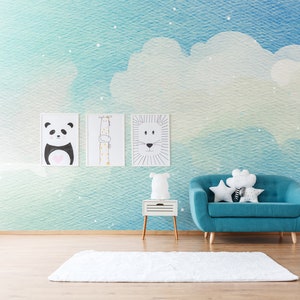 Nursery wall mural with blue clouds, peel and stick wallpaper with blue clouds, nursery wall print, kids wallpaper, watercolor wallpaper 400x270cm\158x106,3 inches