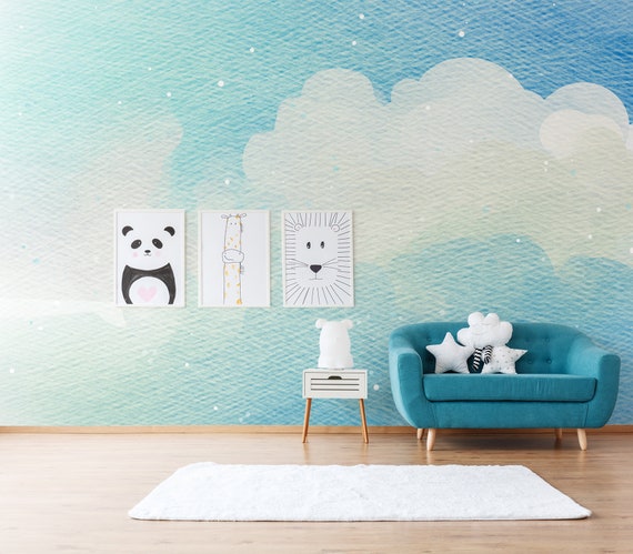 Nursery wall mural with blue clouds, peel and stick wallpaper with blue clouds, nursery wall print, kids wallpaper, watercolor wallpaper