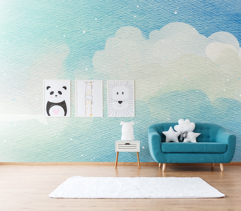 Nursery wall mural with blue clouds, peel and stick wallpaper with blue clouds, nursery wall print, kids wallpaper, watercolor wallpaper 400x270cm\158x106,3 inches