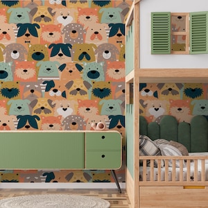 Kids nursery wallpaper, funny dogs wallpaper, animal wallpaper, kids room wall mural, peel and stick or traditional wallpaper