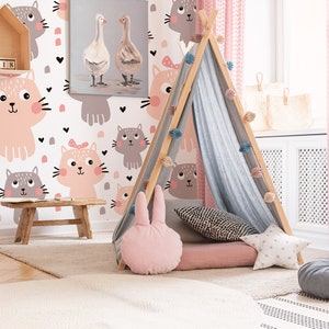 Cute cat wallpaper, kids nursery wallpaper, animal wallpaper, removable wallpaper, peel and stick, baby room wall decor