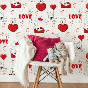 Dog and heart wallpaper for kids room, peel and stick, self adhesive, nursery wallpaper, kids room wall mural, baby room wall decor