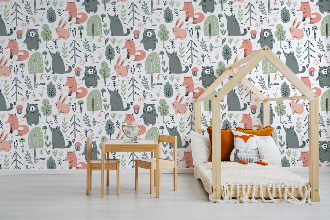 Kids Wallpaper With Wild Animals Peel and Stick Animal Wall - Etsy