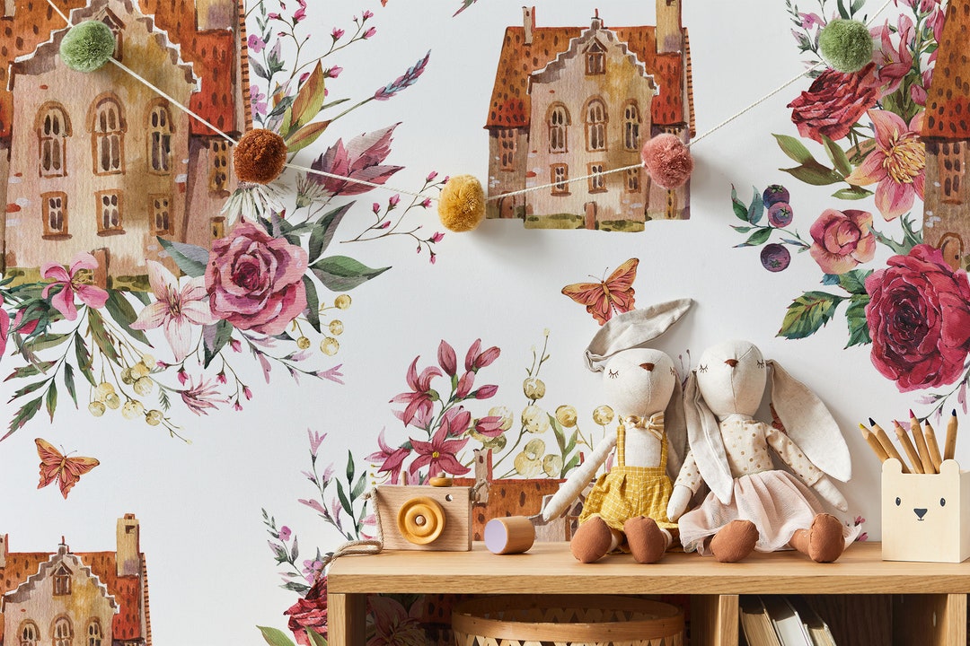 Watercolor Kids Nursery Wallpaper, Peel and Stick, Painted Houses and ...