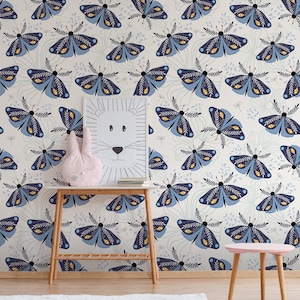 Blue butterfly wallpaper for kids room, peel and stick, self adhesive, nursery wallpaper, kids room wall mural, baby room wall decor