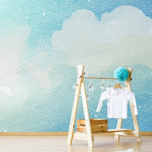 Nursery wall mural with blue clouds, peel and stick wallpaper with blue clouds, nursery wall print, kids wallpaper, watercolor wallpaper 260x260cm\102x102 inches
