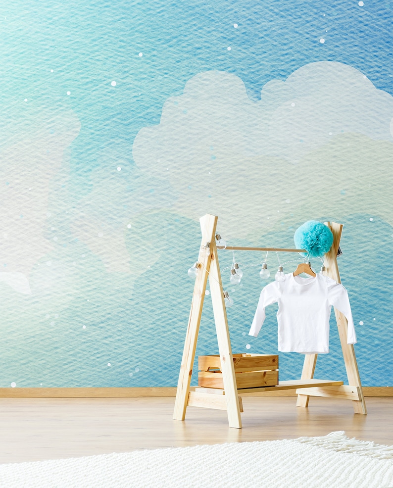 Nursery wall mural with blue clouds, peel and stick wallpaper with blue clouds, nursery wall print, kids wallpaper, watercolor wallpaper 260x260cm\102x102 inches