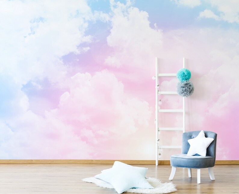 Cloud Removable Wallpaper, Kids Room Wall Mural, Abstract Pink and Blue ...