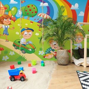 Colorful self adhesive wall mural, vector illustration, kids playing, nursery wallpaper, kids room peel and stick mural, temporary wallpaper