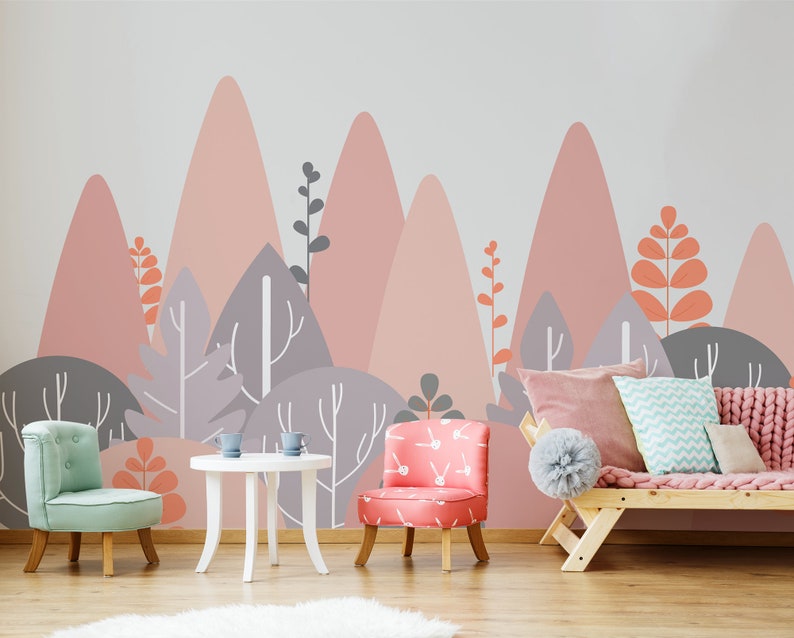 Pink Mountains Nursery Wall Mural Forest Wallpaper Peel and Etsy