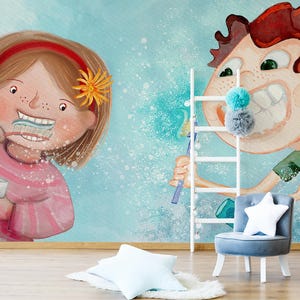 Carta da parati ad acquerello, murale per bambini che si lavano i denti, decorazione per la casa dei bambini, parete per la scuola materna, carta da parati stacca e incolla o carta da parati tradizionale