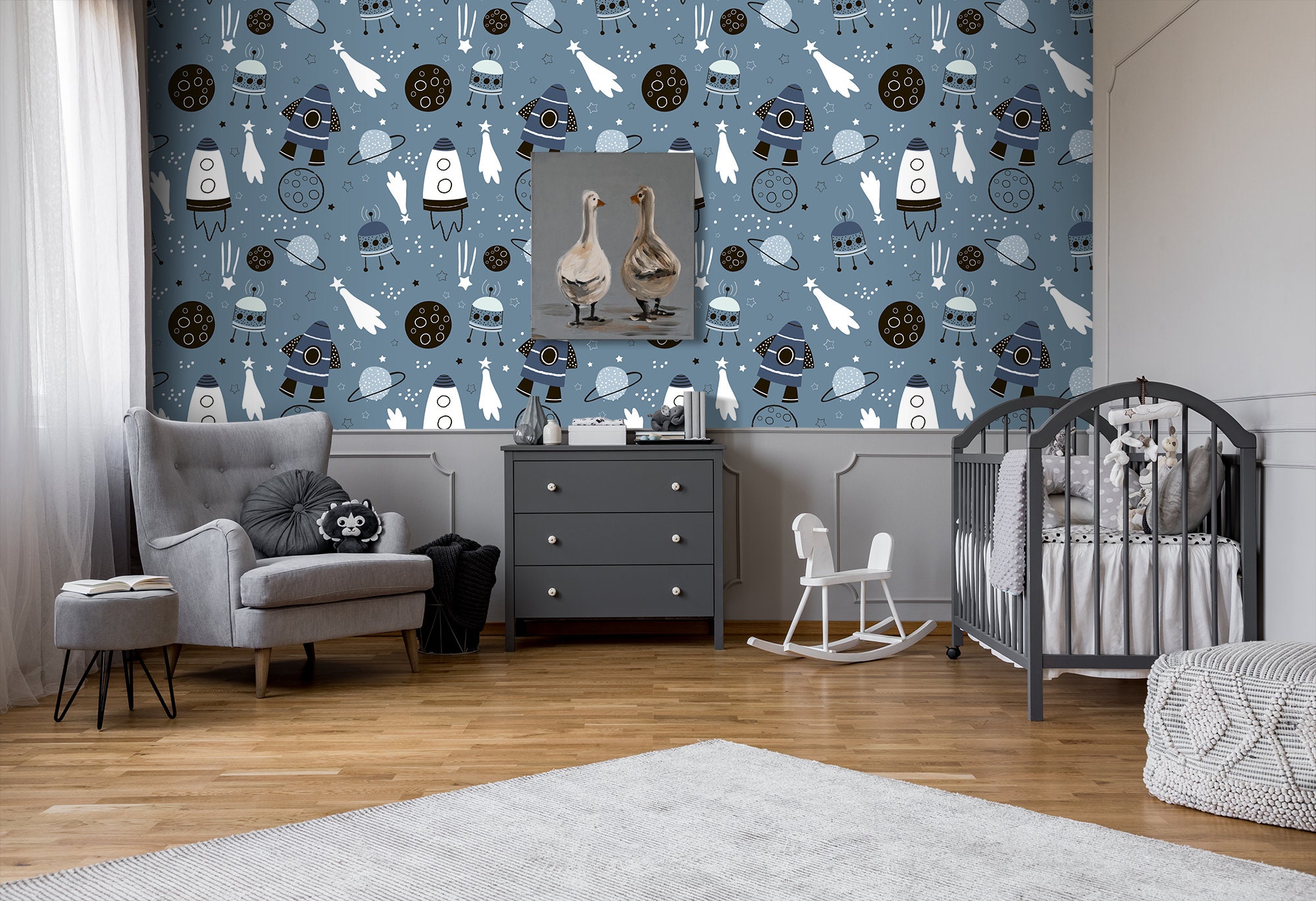 Kids Room Space Wallpaper, Peel and Stick Wall Mural, Hand Drawn ...