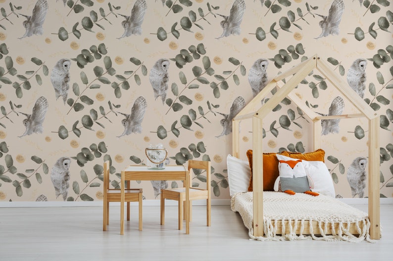 Owls Nursery Wallpaper Peel and Stick Wall Mural Watercolor Etsy