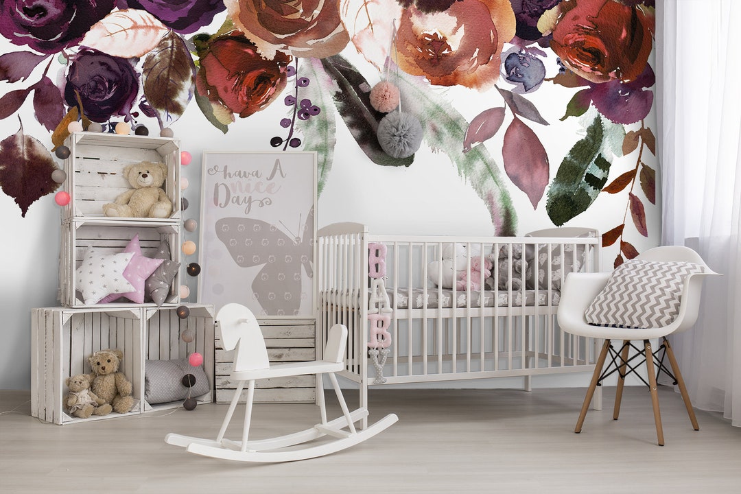 Watercolor Flowers Wallpaper, Peel and Stick Wall Mural, Kids Wall Art ...