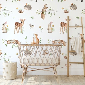 Forest animals wallpaper, kids nursery wallpaper, fox, deer, watercolor wall mural, peel and stick, removable wallpaper, baby wall decor