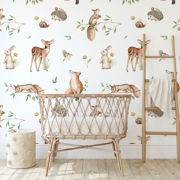 Papel tapiz de animales del bosque, papel tapiz de guardería para niños, zorro, ciervo, mural de pared de acuarela, pelar y pegar, papel tapiz extraíble, decoración de pared para bebés