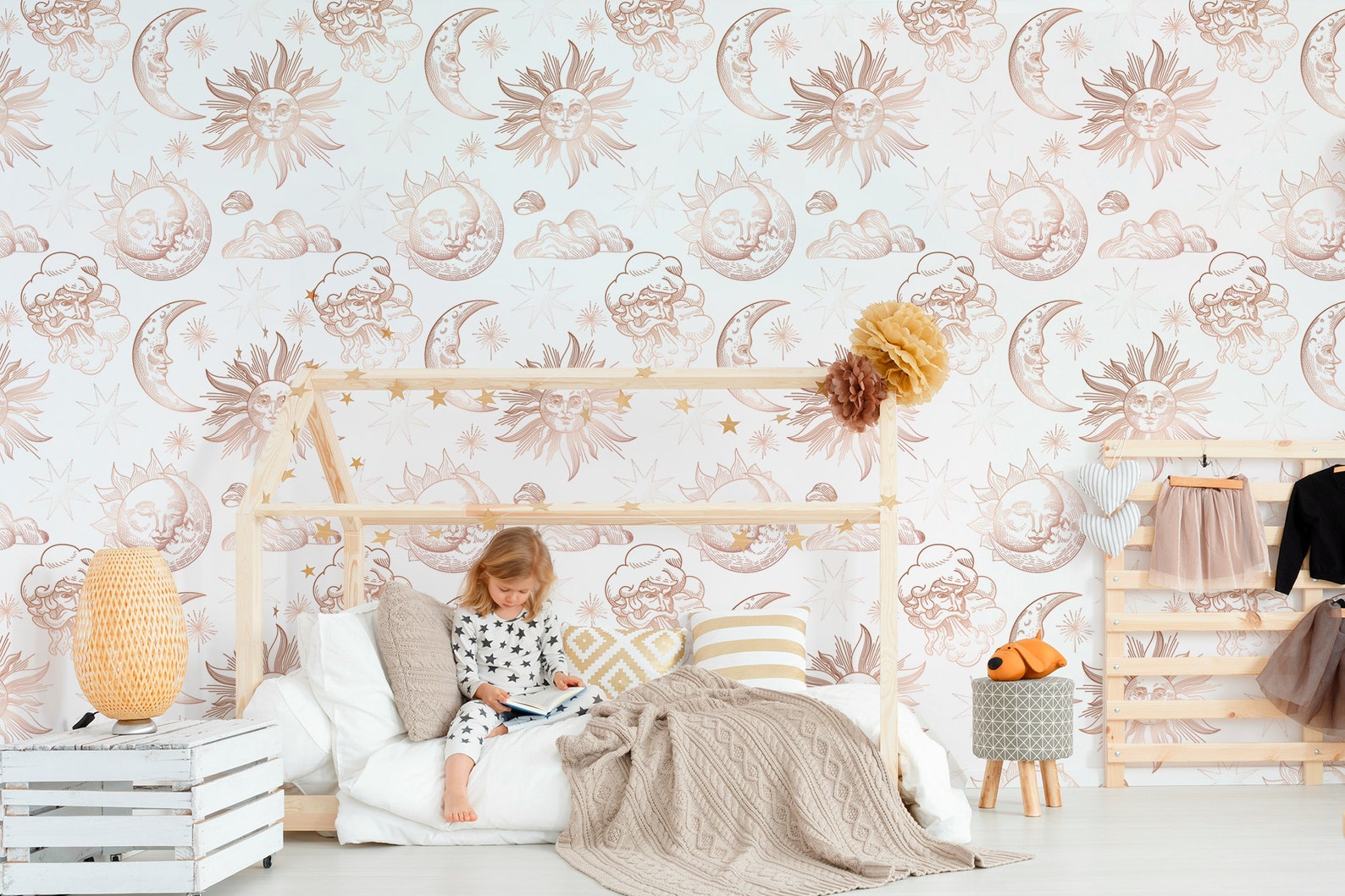 Nursery Wallpaper With Sun and Moon on the Sky, Peel and Stick Wall ...