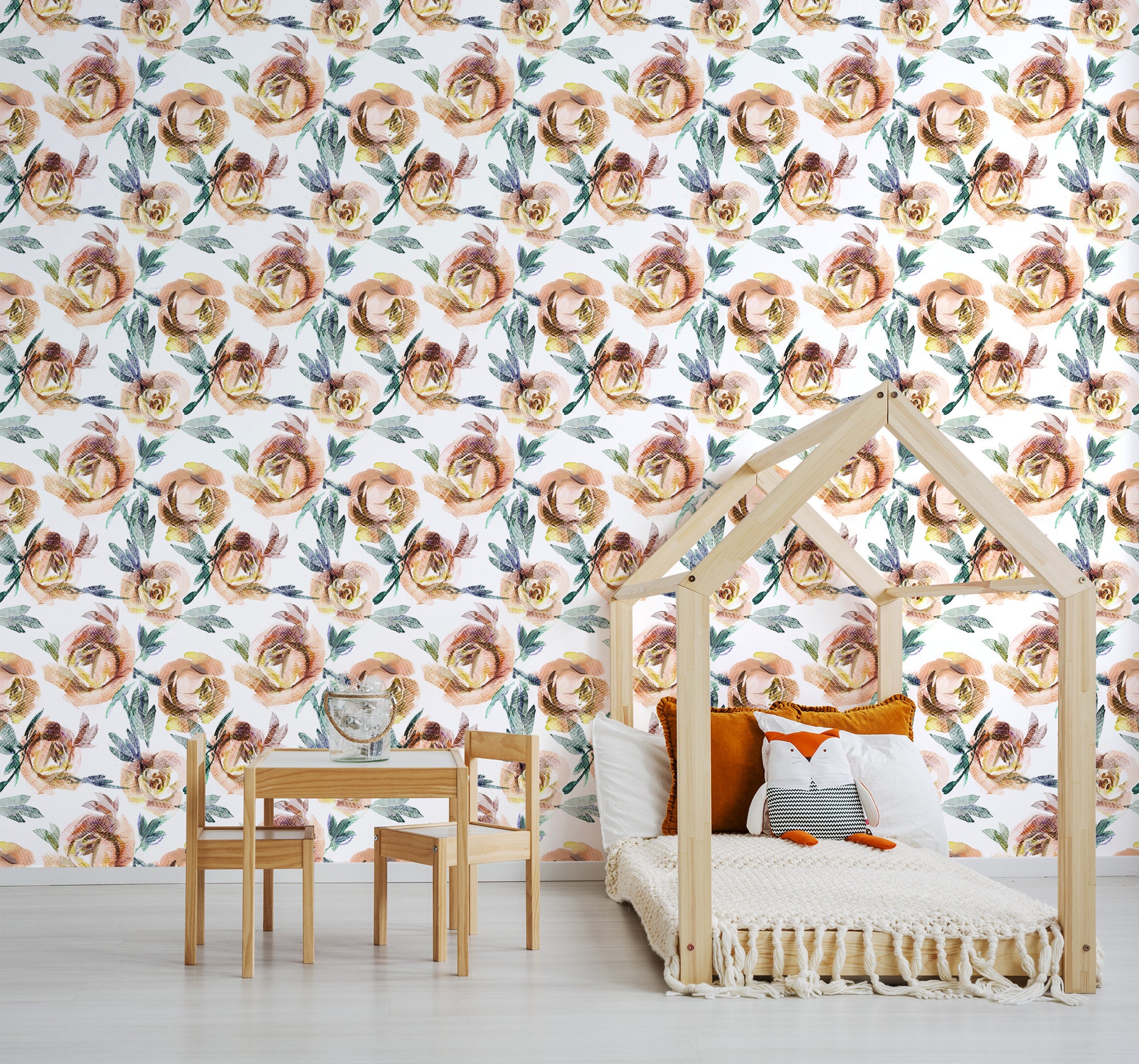 Nursery Watercolor Wallpaper With Roses Self-adhesive Wall | Etsy