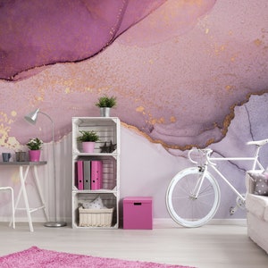 Murale astratto rosa viola per camera dei bambini, buccia e bastone, autoadesivo, carta da parati per bambini, decorazione della parete della stanza del bambino