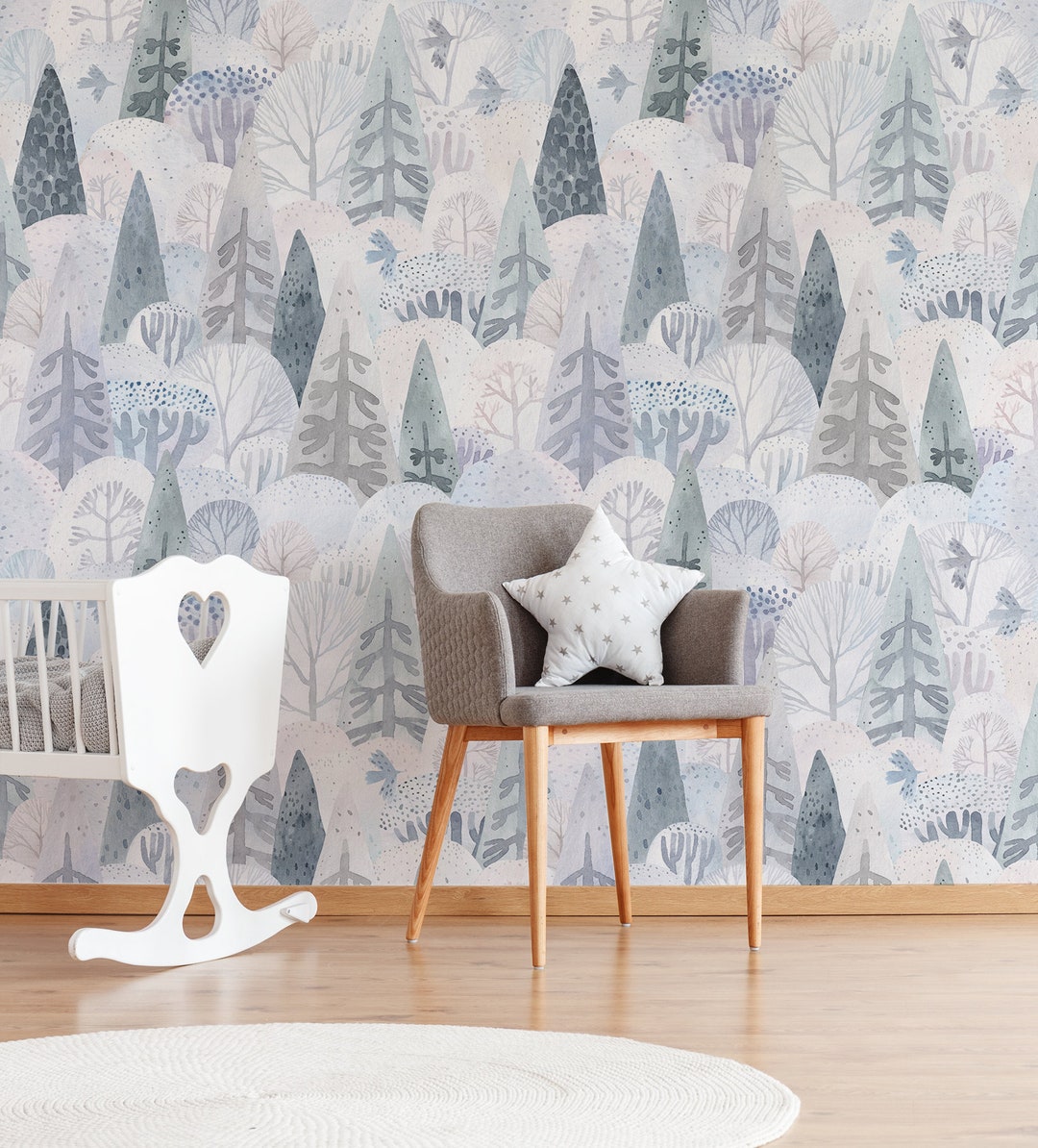 Nursery Wall Mural, Forest Wallpaper, Watercolor Wallpaper for Kids ...
