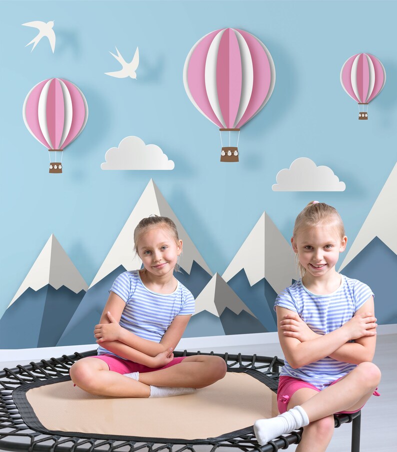 Mountains & Hot Air Balloons Wallpaper, Kids Wall Mural, Peel and Stick ...