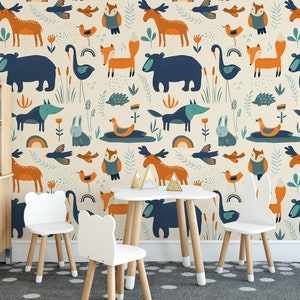 Wallpaper for kids room, animal wall mural, nursery wallpaper, nursery wall decor, peel and stick or traditional wallpaper