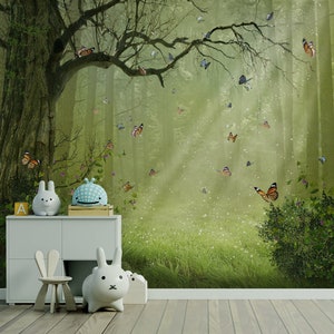Carta da parati magica della foresta e della farfalla, buccia e bastone, autoadesivo, carta da parati per bambini, murale della stanza dei bambini, decorazione della parete della stanza del bambino