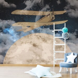 Aeroplani retrò su carta da parati per bambini del cielo notturno, carta da parati per l'asilo nido, carta da parati per la camera dei bambini, carta da parati rimovibile, decorazione della parete della stanza dei bambini
