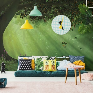 Fantasievolles grünes Holzwandbild, Kindertapete, Waldtapete, Kinderzimmerwandbild, Wandkunst, abziehen und aufkleben oder traditionelle Vinyltapete