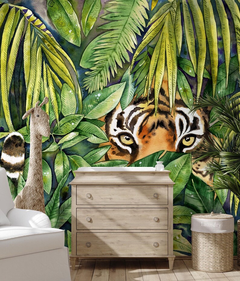 Buy Tiger Tropical Wallpaper, Animal Print, Green Jungle Wall Mural