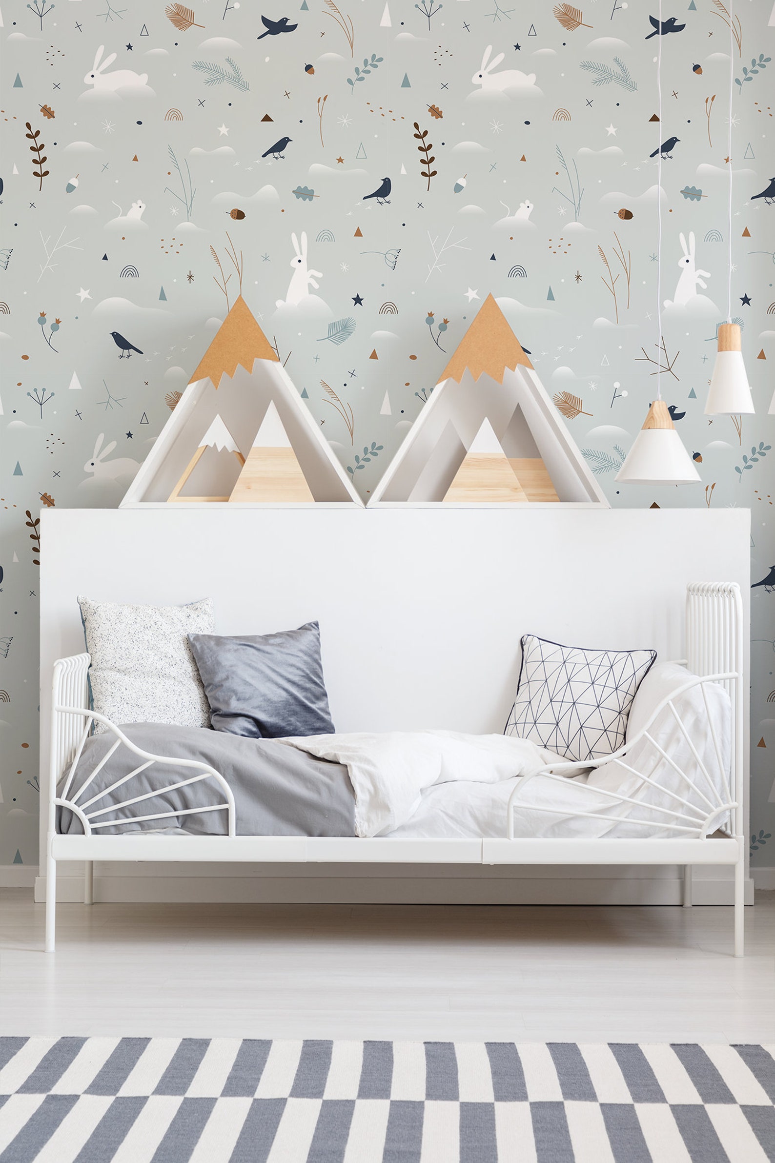 Gray Nursery Wallpaper With White Bunnies Selfadhesive Etsy