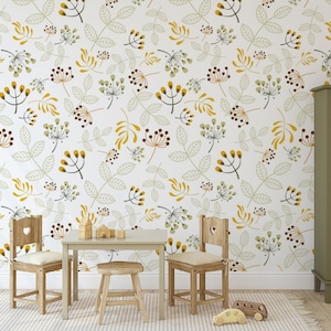 Botanical Nursery Wallpaper, Kids Floral Wallpaper, Flowers and Leaves ...