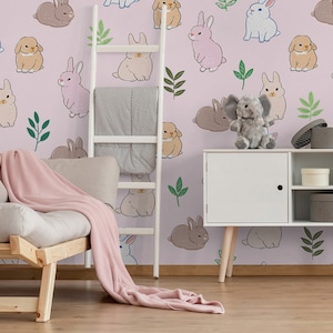 Pink nursery wallpaper, cute bunny wallpaper, kids room wallpaper, nursery, kids room wall mural, peel and stick or traditional wallpaper