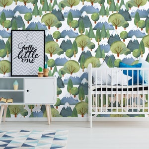 Self adhesive nursery wallpaper, trees and mountains, kids wallpaper, wallpaper, peel and stick wallpaper, removable wallpaper, wall mural