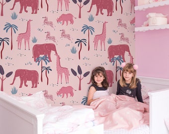 Pink tropical nursery wallpaper, safari animals kids room wallpaper, kids wall mural, peel and stick or traditional wallpaper