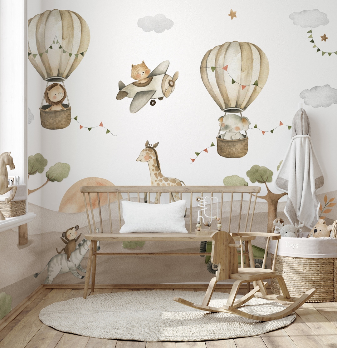 Kids Nursery Wallpaper, Watercolor Animal Wallpaper, Hot Air Balloon ...