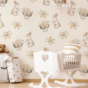 Cute bunny wallpaper, watercolor woodland wallpaper, kids nursery wallpaper, removable wallpaper, peel and stick, baby room wall decor