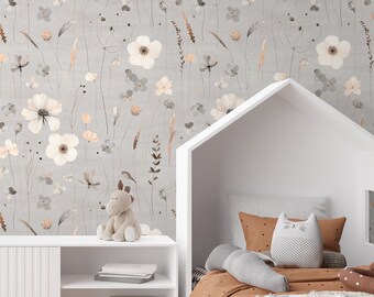 Mural de pared floral, papel pintado para niños de colores neutros, estampado de pared de guardería, mural de pared para niños, pelar y pegar o papel pintado tradicional