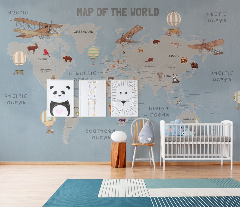 Map of the World Wallpaper Kids Nursery Wallpaper Blue Etsy
