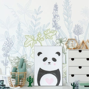 Floral line art wall mural for kids room, peel and stick, self adhesive, nursery wallpaper, baby room wall decor