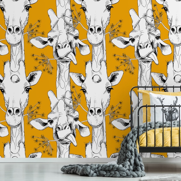 Giraffe removable wallpaper, self adhesive wallpaper, wall mural, nursery wallpaper, kids wallpaper, peel and stick, temporary wallpaper#